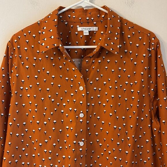 Chico's Tops Orange Burnt Cotton Flower Button Down Shirt women blouse size 16! - Picture 3 of 11